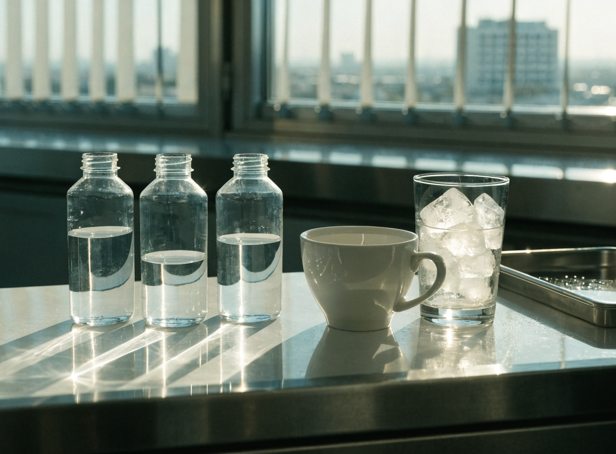 Upright restaurant water samples beside an unbranded coffee cup and glass of ice in the UAE