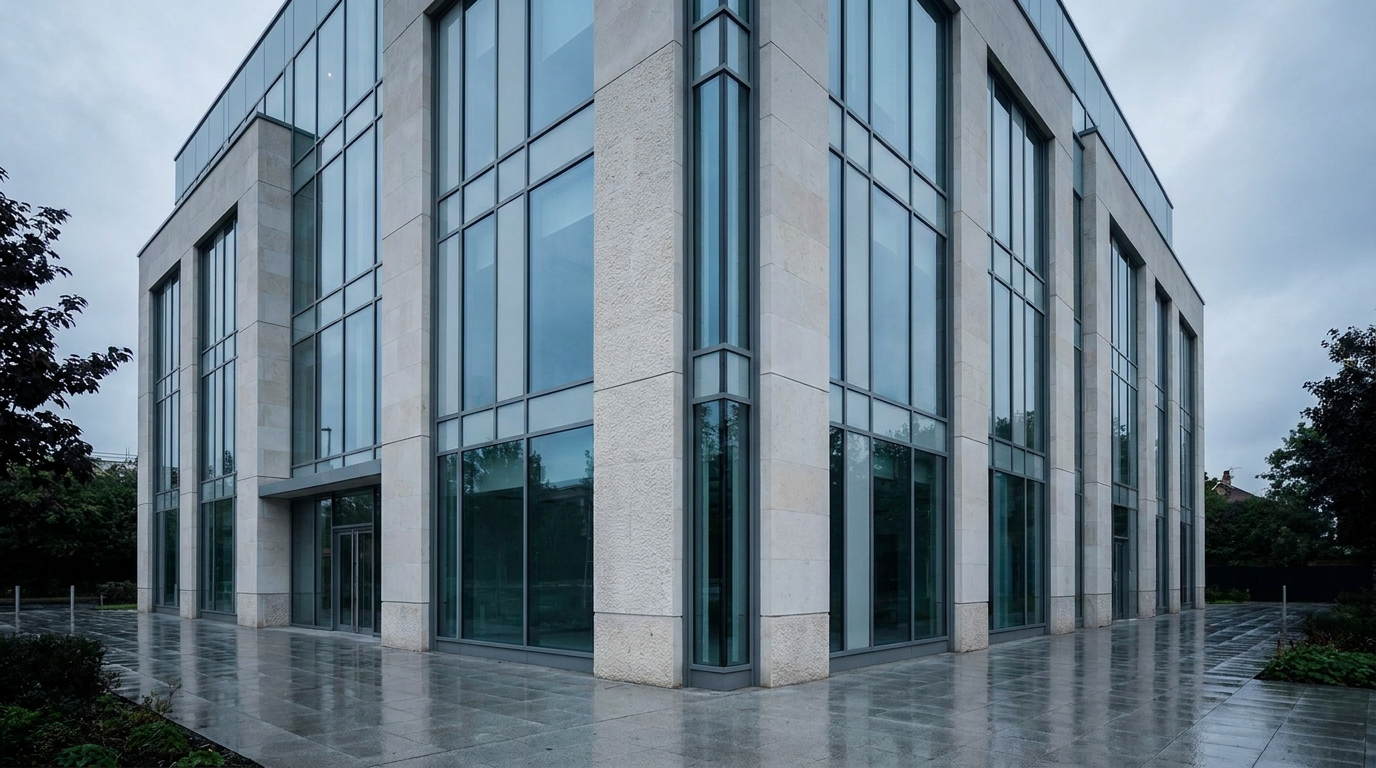 Modern British commercial office building where mains water is treated on site