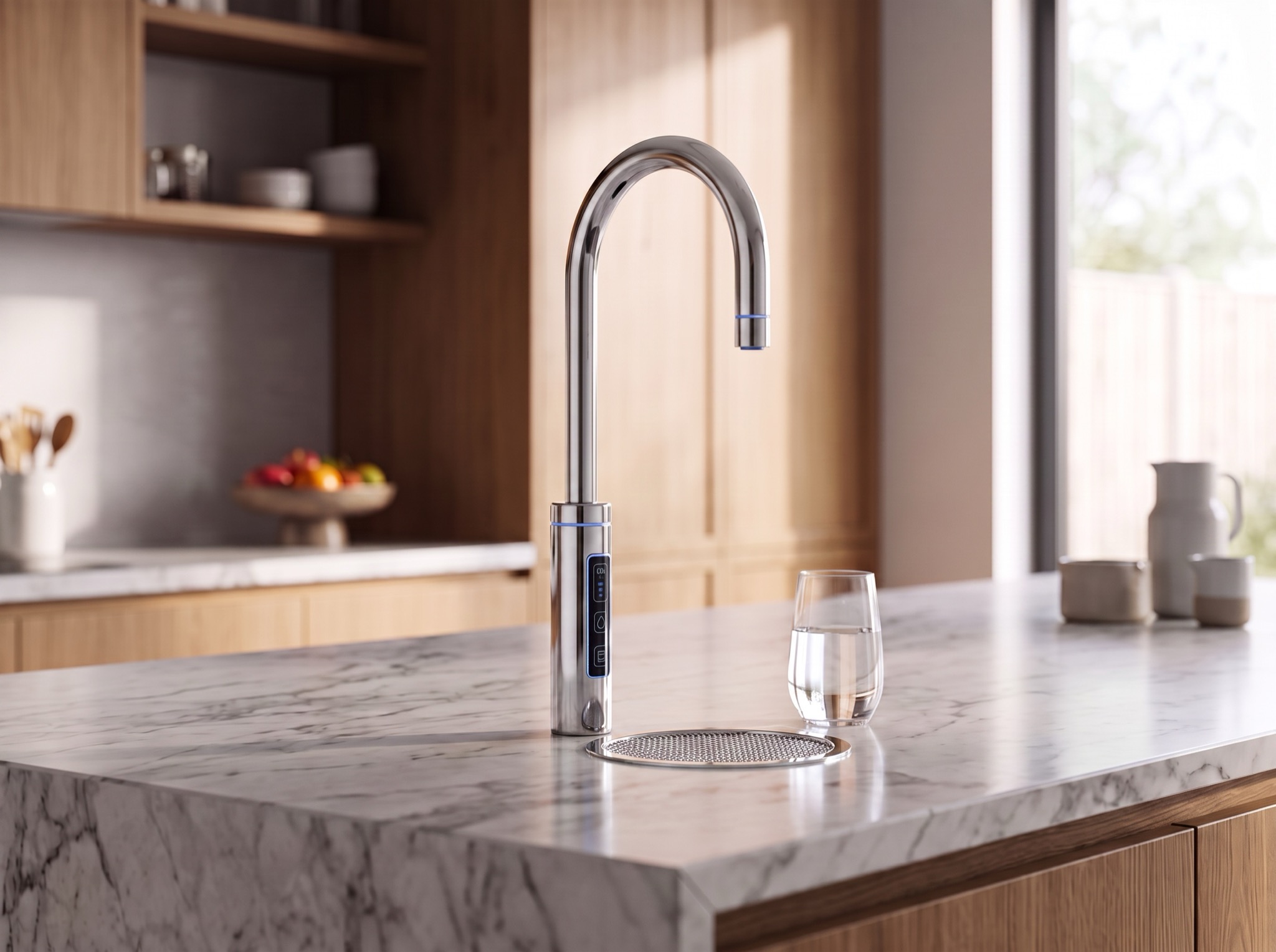 Chrome RoyalFlow swan-neck drinking water tap on a marble kitchen island, with a glass of water beside it