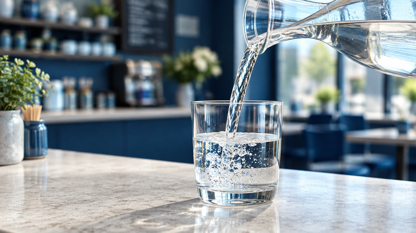Clear filtered water being poured from a glass carafe into a tumbler on a café counter