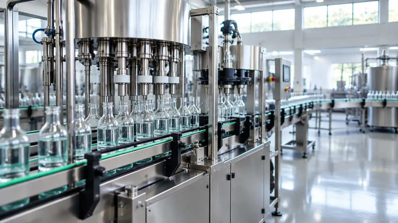 Stainless-steel bottle filling line with clear glass bottles on a conveyor in a bright drinks factory