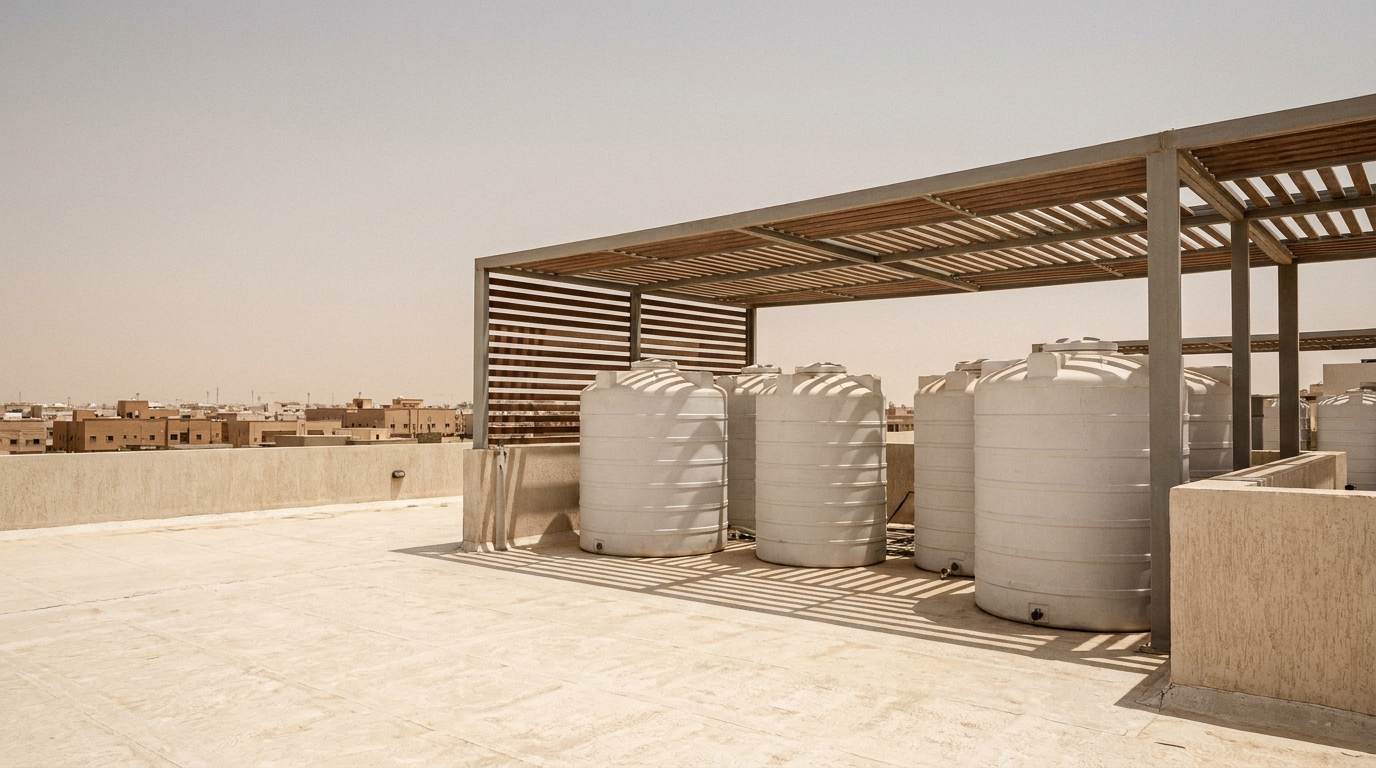 Shaded rooftop water storage tanks on a commercial building in Saudi Arabia