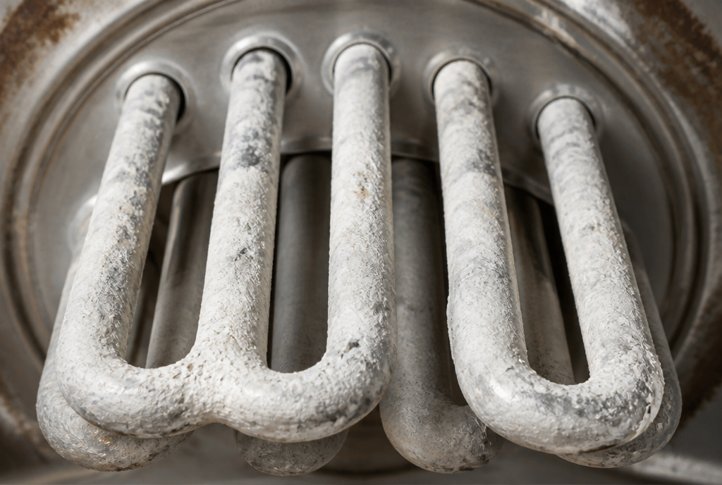 White limescale build-up on boiler heating elements