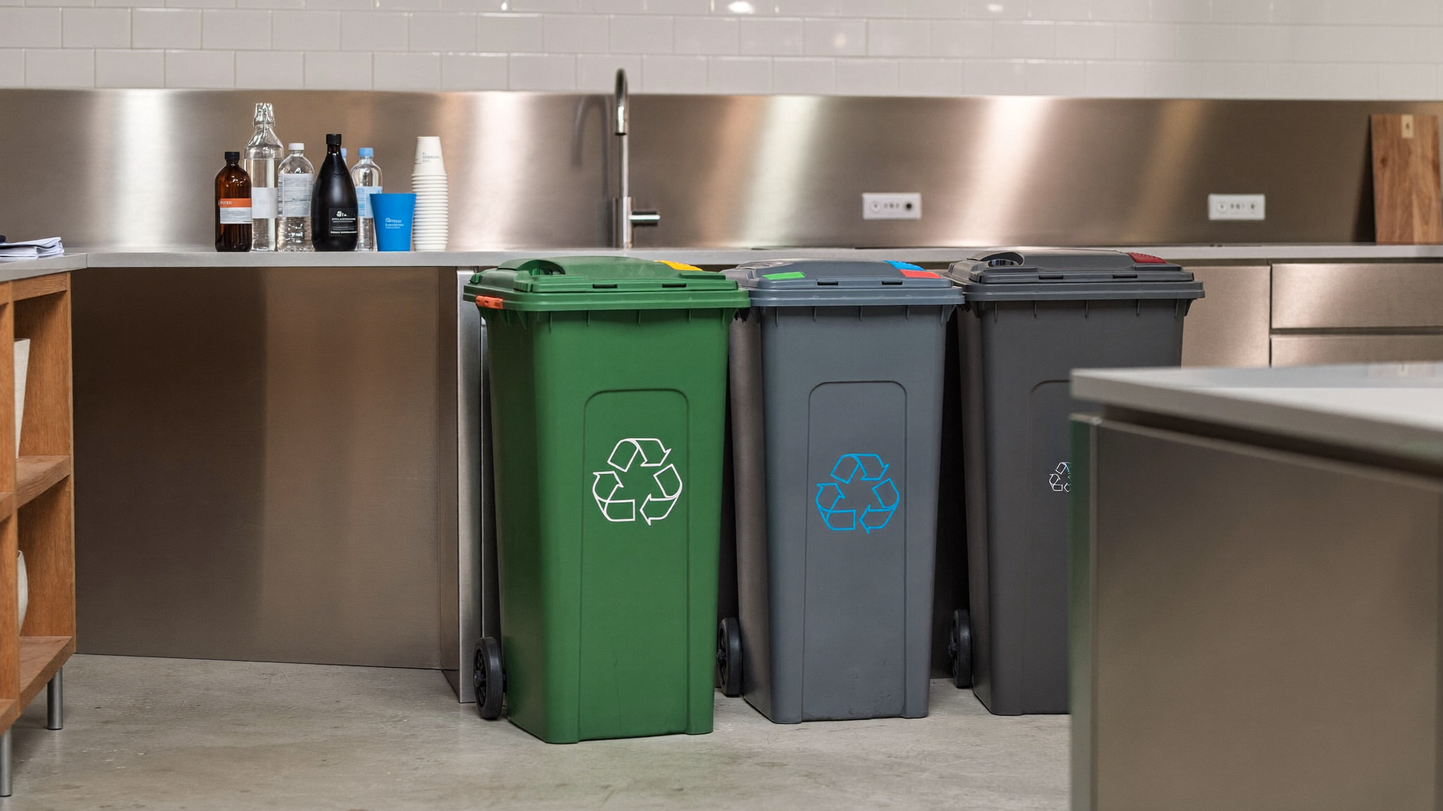Recycling bins and reusable bottles in a clean workplace kitchen
