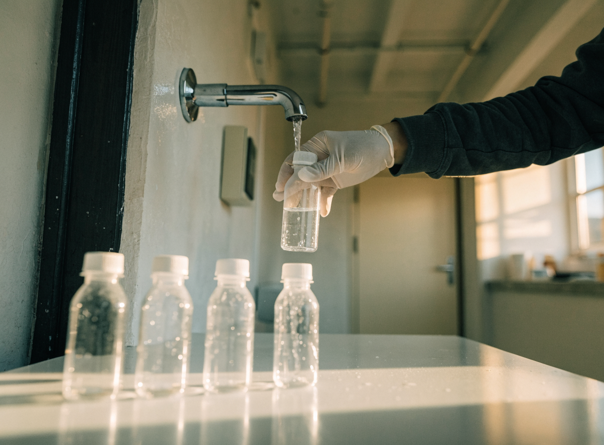 Technician collecting a Kuwait commercial water sample from a plain chrome tap