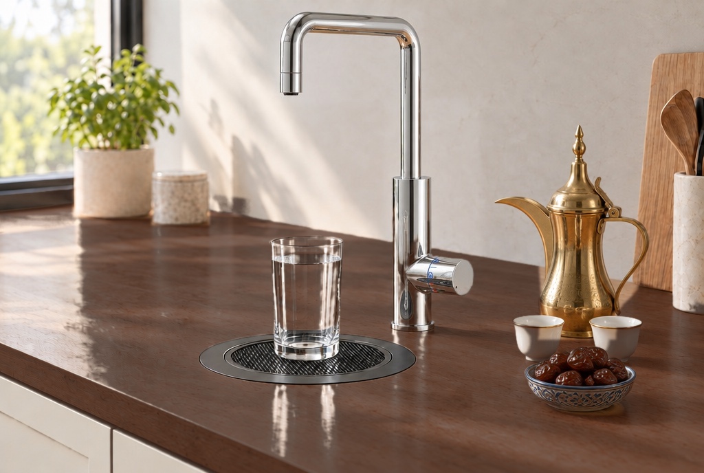 RoyalFlow Square-Dial S3 drinking-water tap in chrome on a walnut worktop, with a glass of water, a brass dallah, coffee cups and a bowl of dates