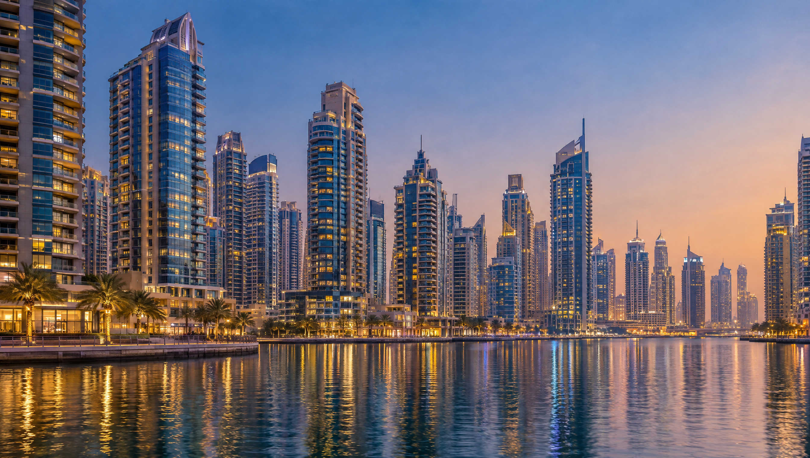Dubai Marina residential towers at blue hour, with lit windows reflected in the marina water