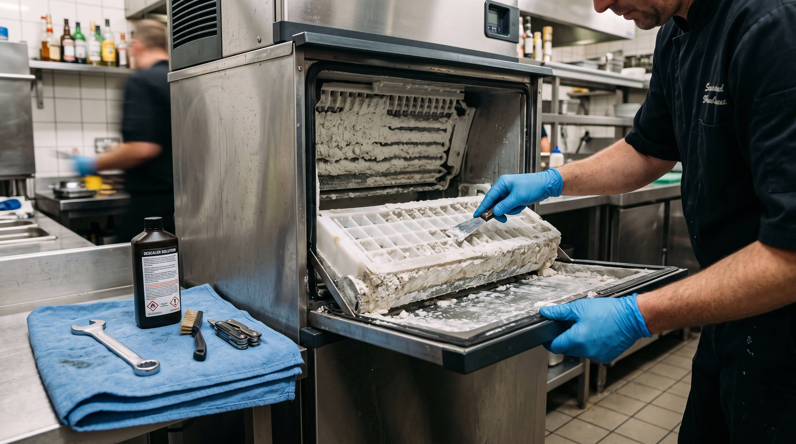 Engineer inspecting heavy limescale on a commercial ice machine tray caused by high TDS water