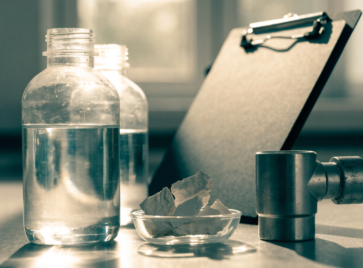 Standing water sample bottles, mineral scale and a pipe fitting used when specifying a UAE commercial water softener