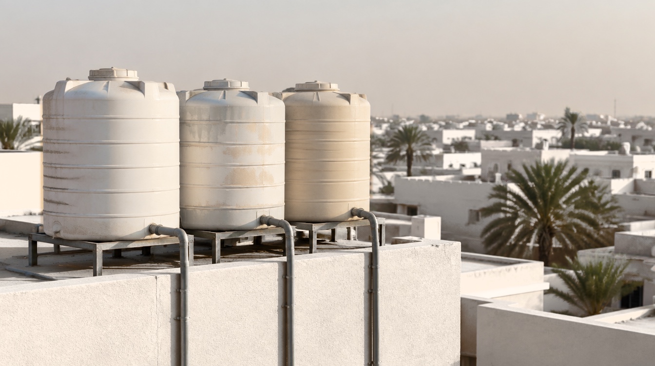 Three plastic water storage tanks on a white-walled rooftop in the UAE, with pipes running down into the building