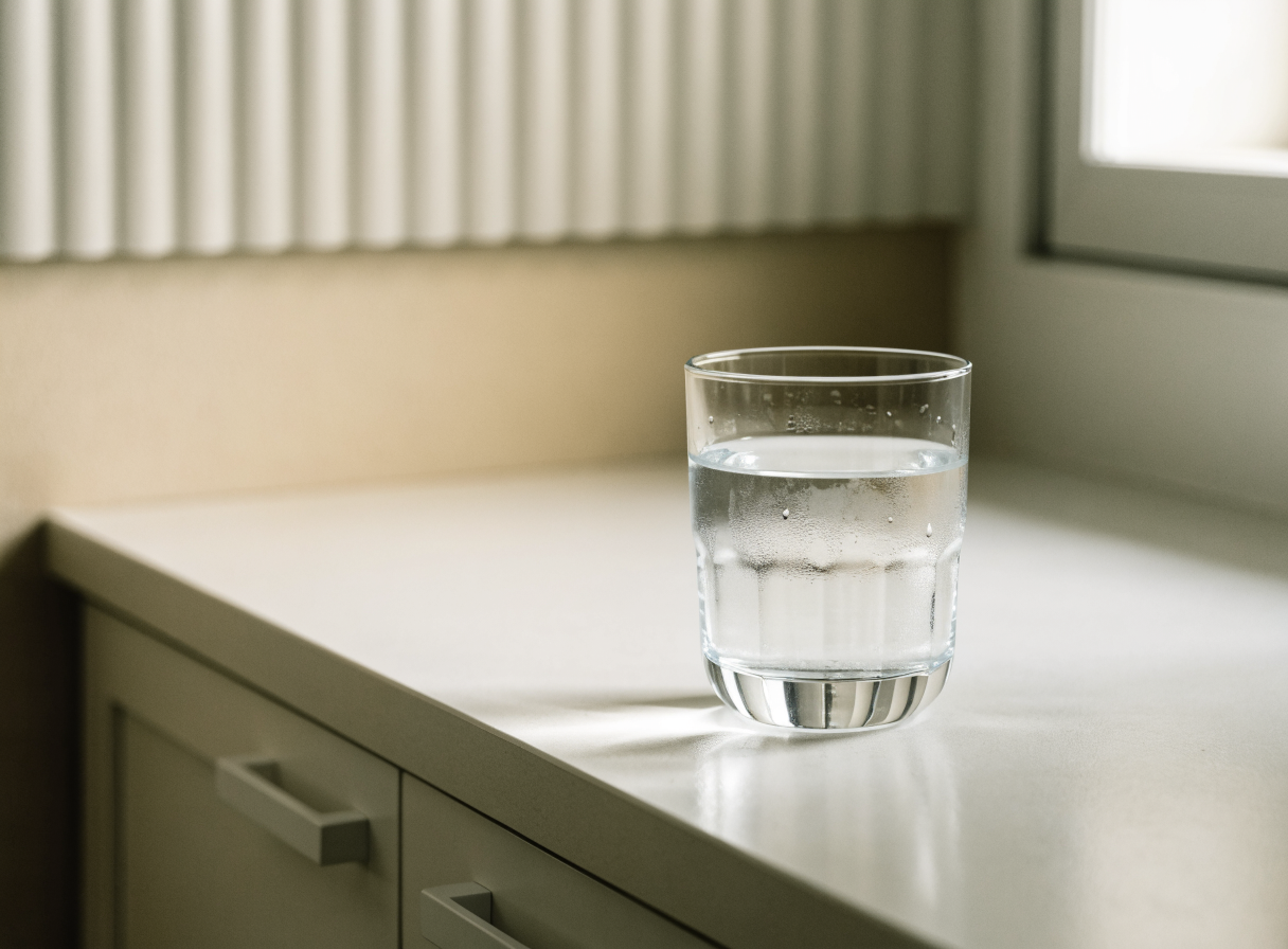 Glass of chilled water on a Kuwait office pantry counter