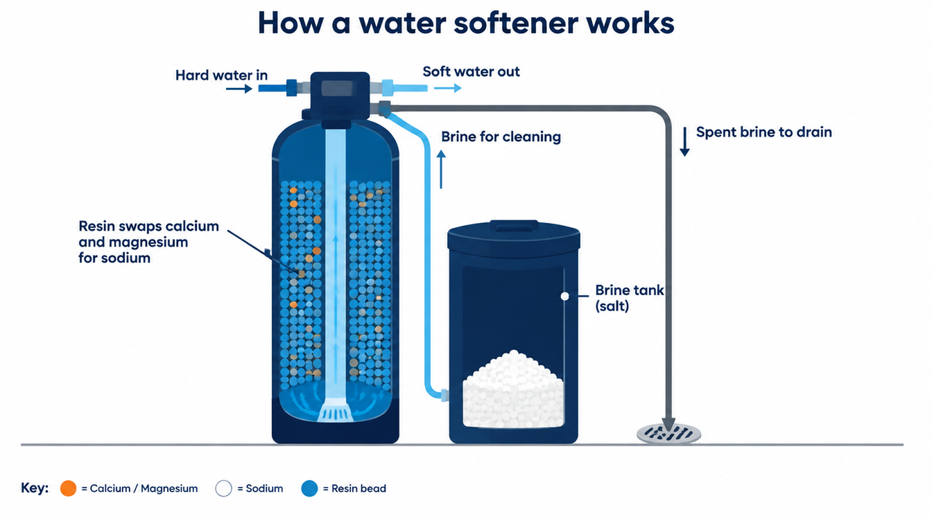 Diagram of a water softener: hard water enters the control head, passes through the resin vessel where calcium and magnesium are swapped for sodium, and leaves as soft water, with a floor-standing brine tank and a drain