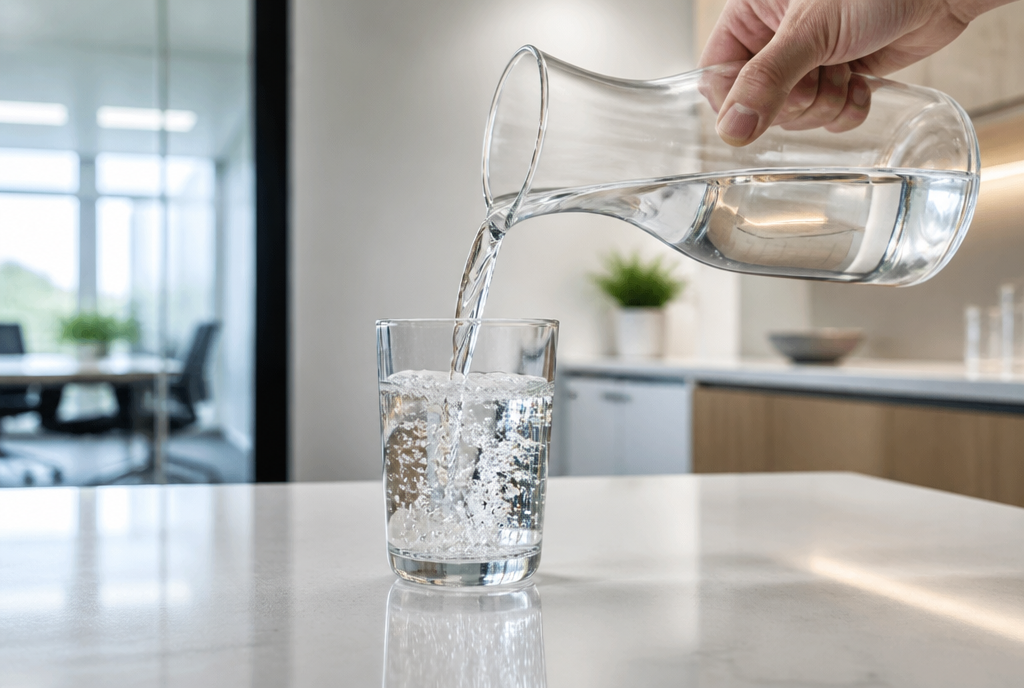 Clear clean water being poured from a glass carafe into a drinking glass in a bright modern office kitchenette