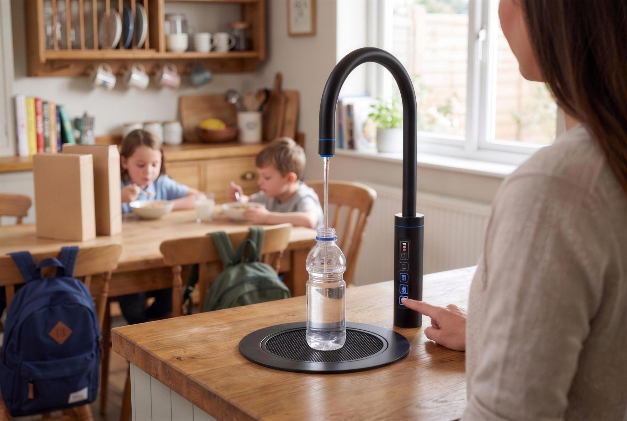 Parent filling a water bottle from a matt black RoyalFlow tap in a family kitchen while children eat at the table