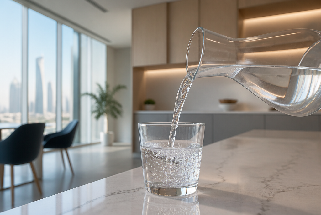 Clear water being poured from a glass carafe into a glass in an office kitchen