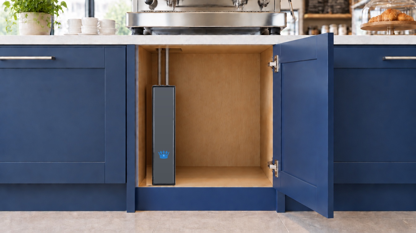Sovereign Water Noble reverse osmosis unit in gunmetal grey, fitted at the front of an open under-counter cabinet with its water pipes running up behind it