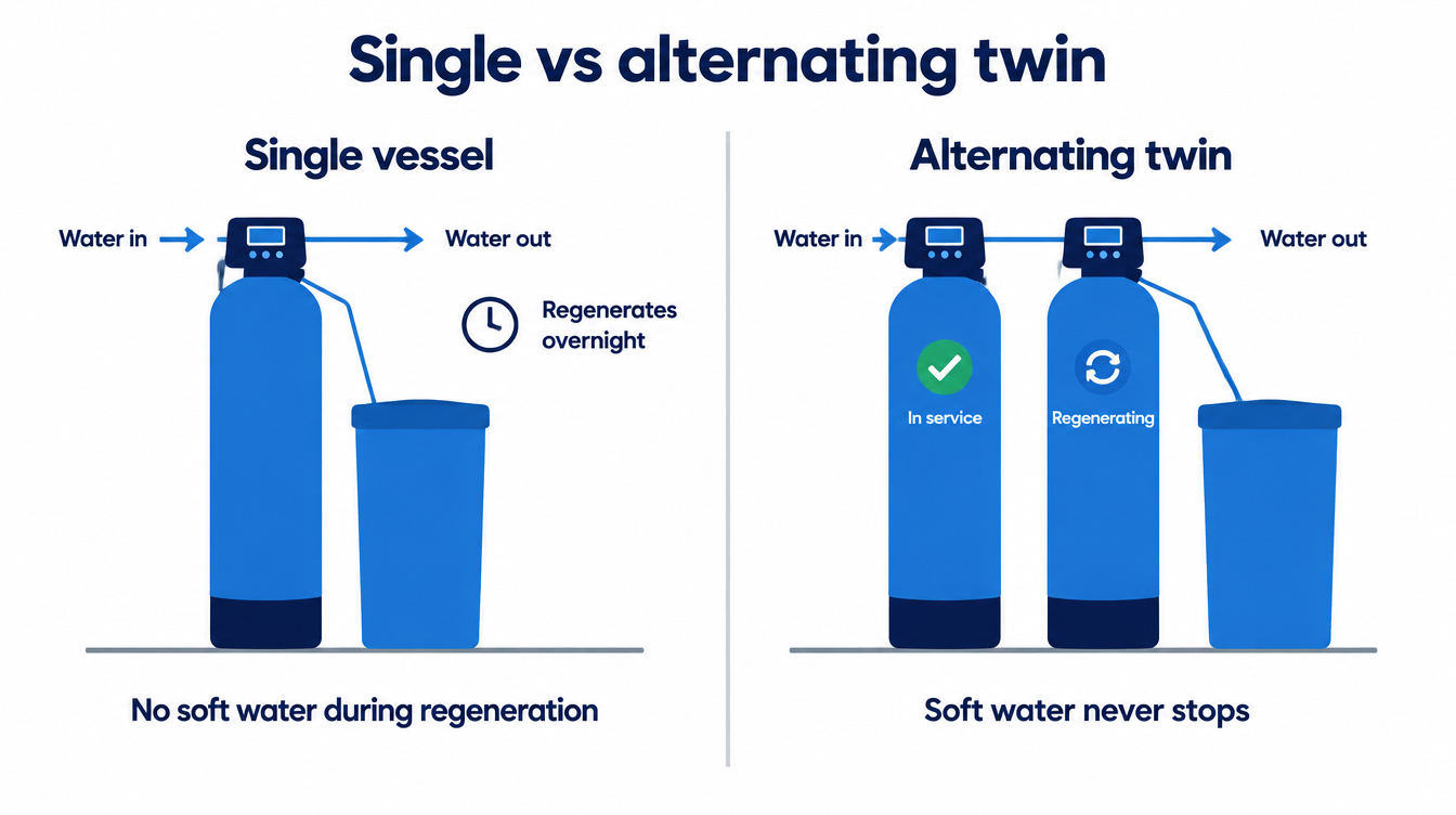 Diagram comparing a single-vessel water softener with an alternating twin system where one vessel stays in service while the other regenerates