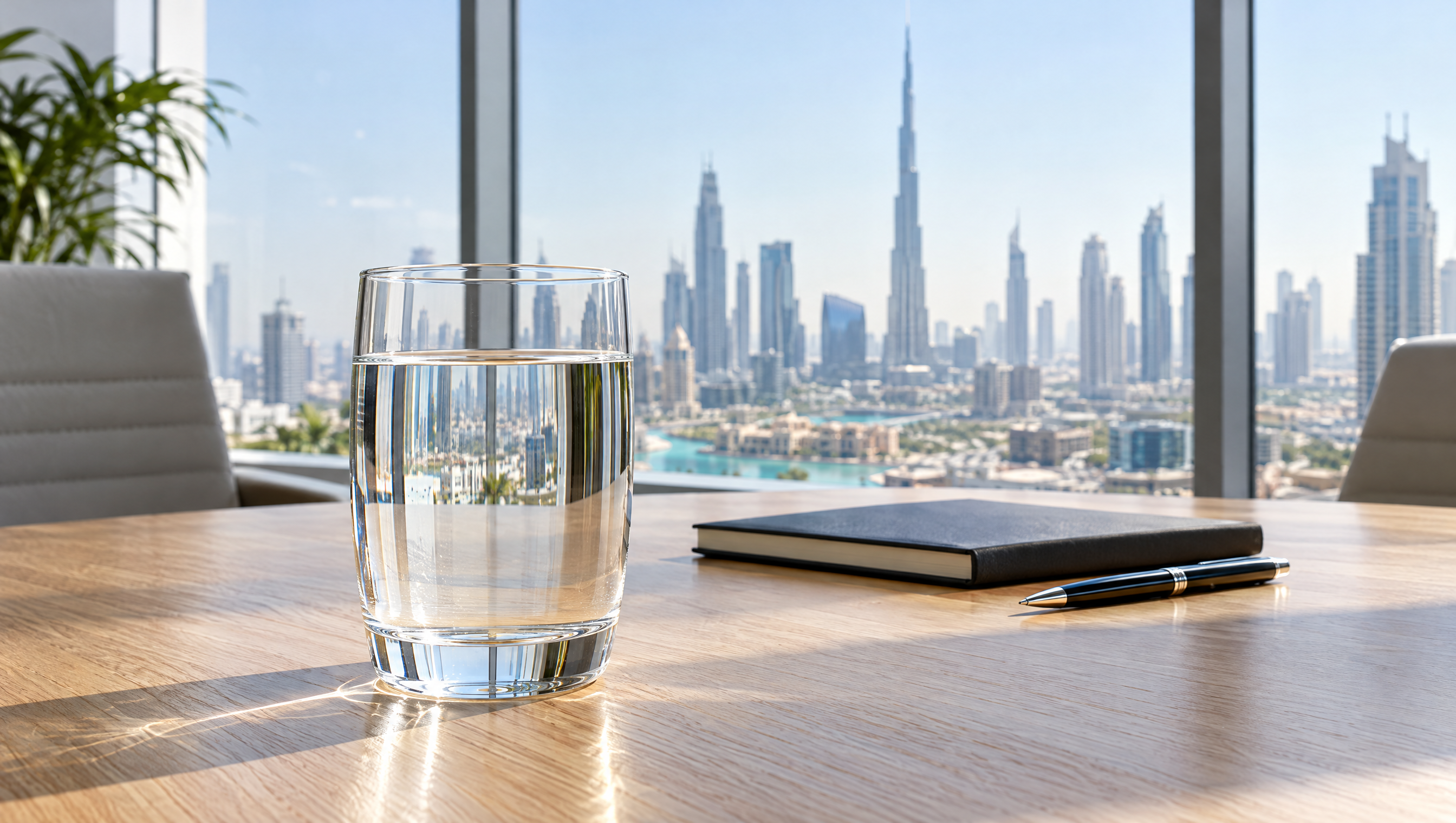 A glass of clear water on an oak office desk beside a notebook and pen, with the Dubai skyline through the window