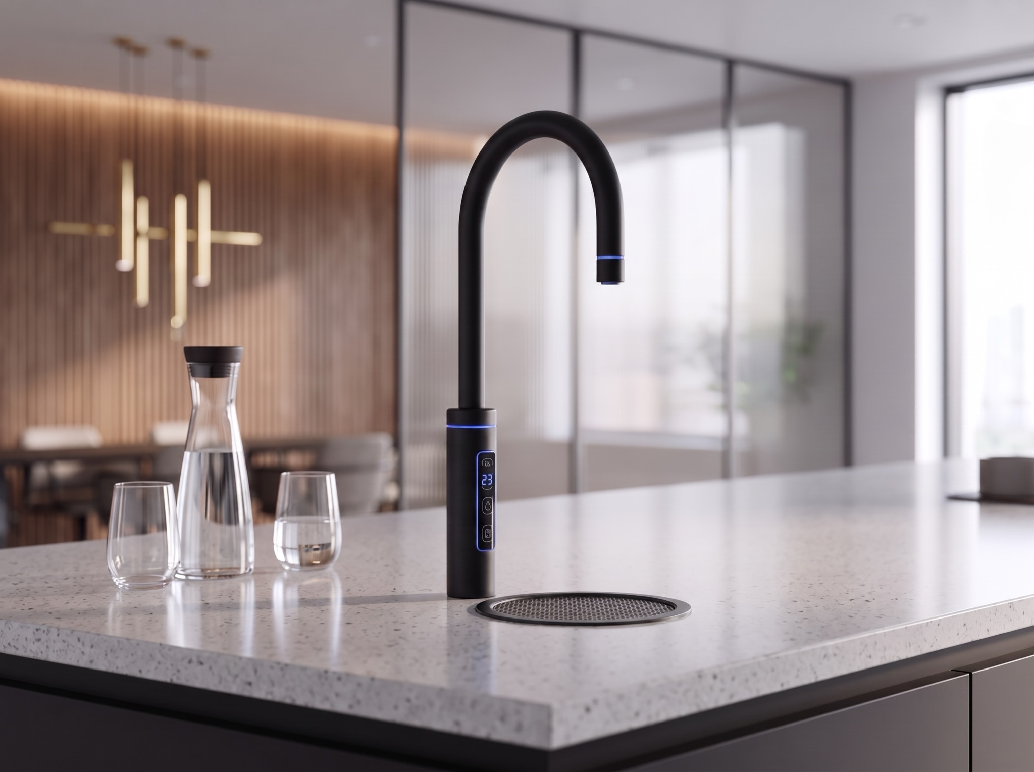 Matt black RoyalFlow smart tap on an office pantry worktop with a glass carafe and glasses