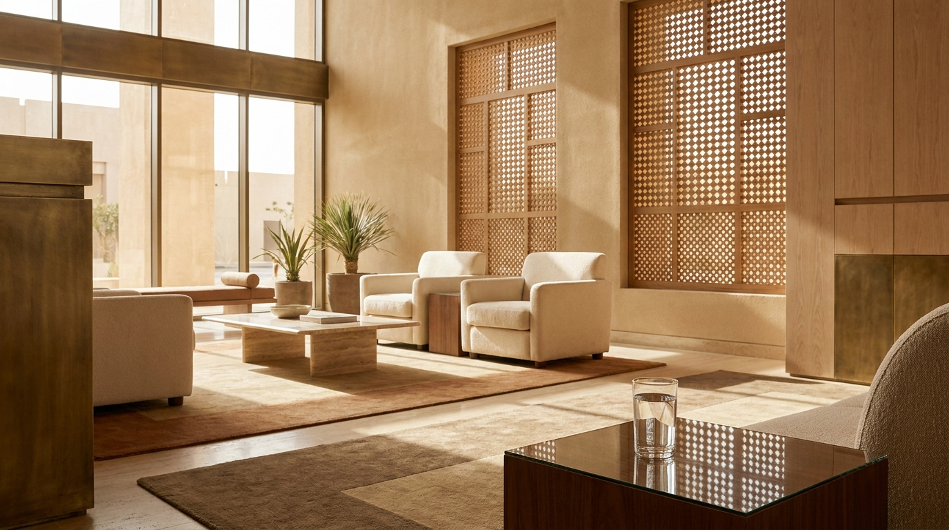 Modern Saudi Arabian hotel interior with a glass of treated drinking water
