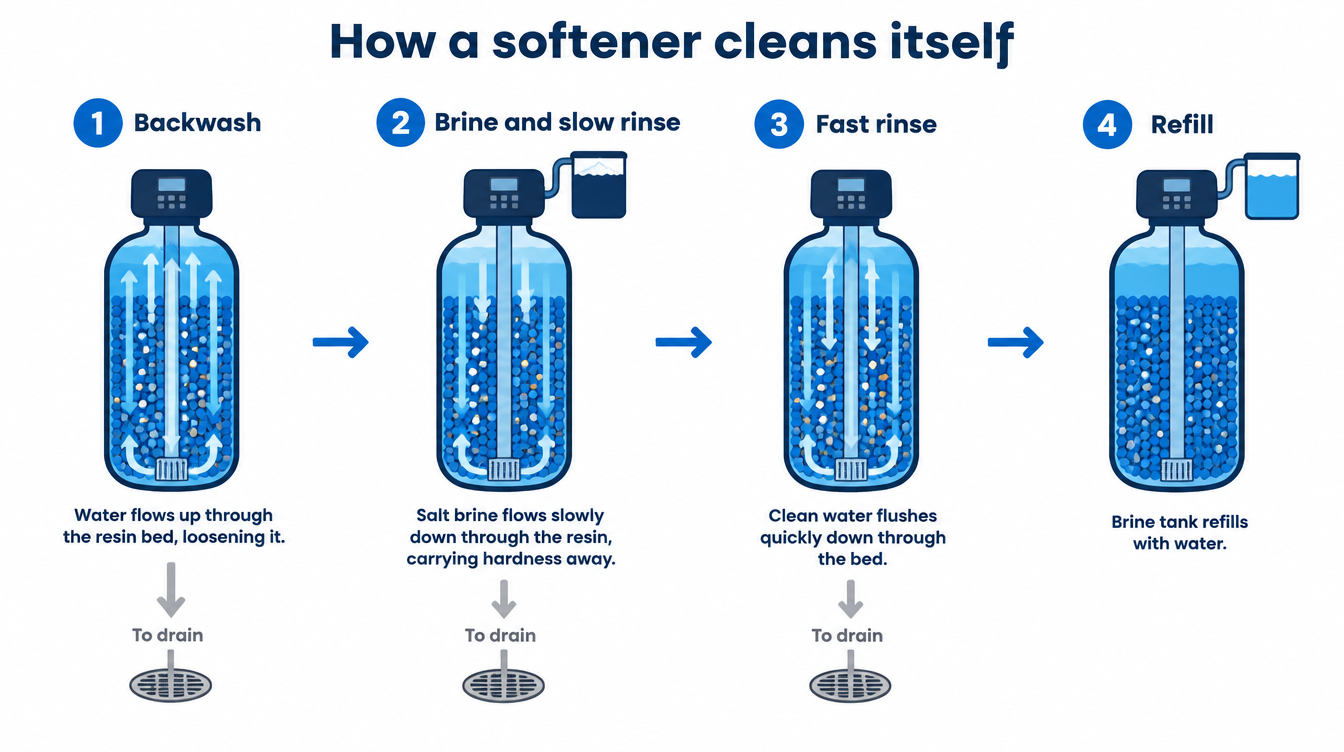 Four-step diagram of a water softener regeneration cycle: backwash, brine and slow rinse, fast rinse, and refill