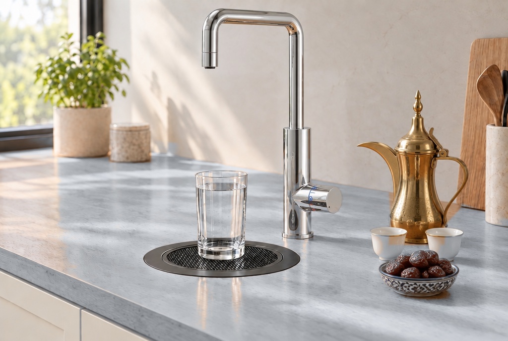 RoyalFlow Square-Dial S3 drinking-water tap in chrome on a pale grey worktop, with a glass of water, a brass dallah, coffee cups and a bowl of dates