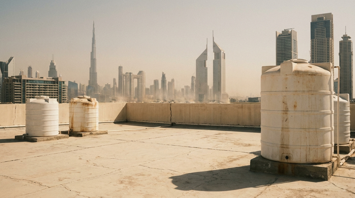 Rooftop water storage tanks on a Dubai building in summer heat