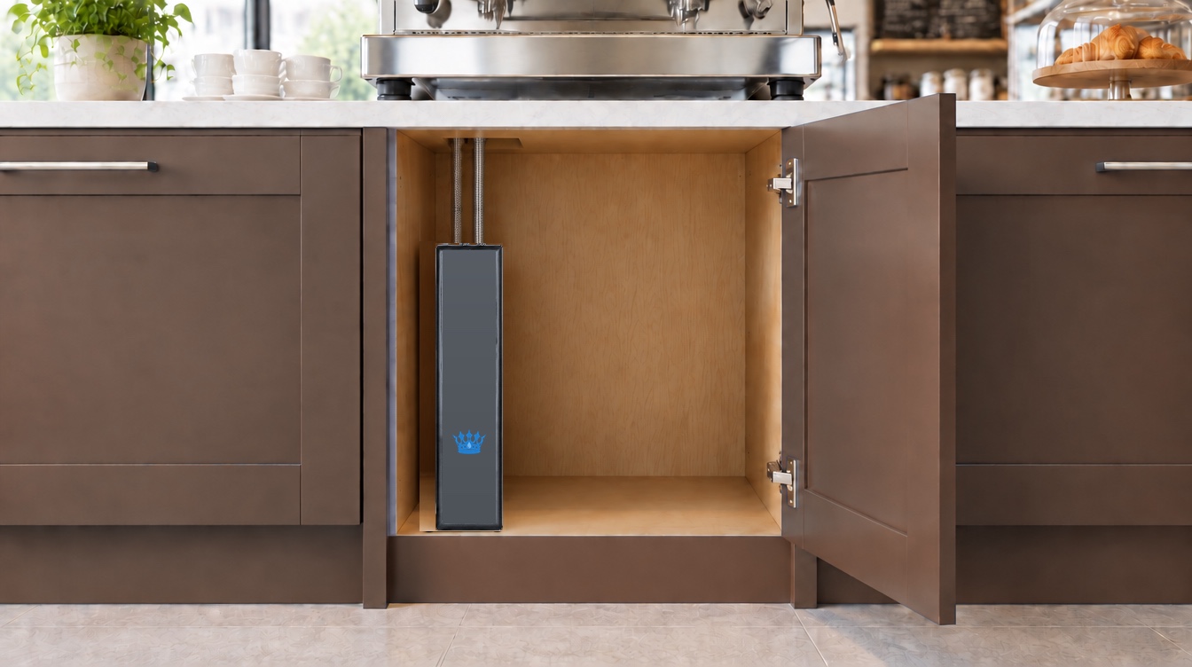 Sovereign Water Noble reverse osmosis unit in gunmetal grey standing inside an open dark brown cabinet beneath a café counter