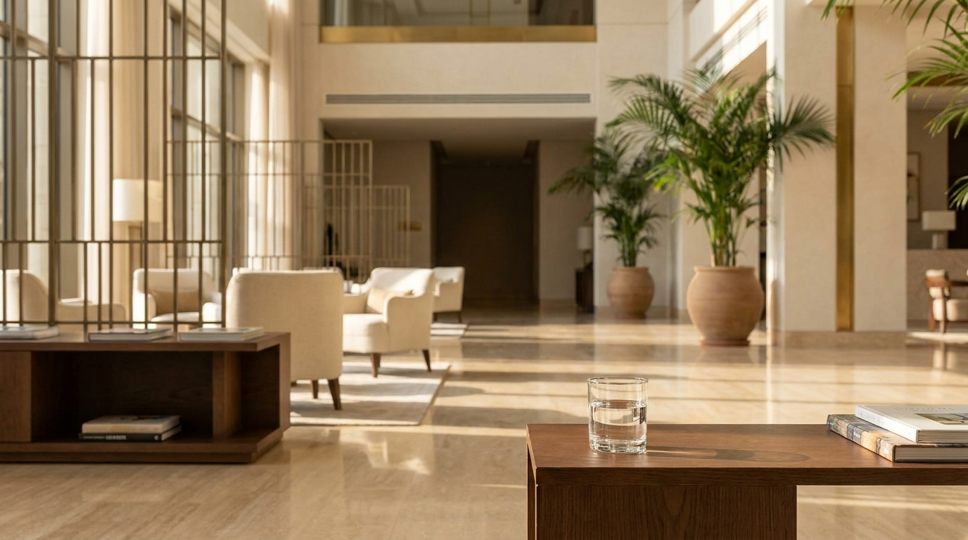 Contemporary Dubai hotel interior with a glass of treated drinking water