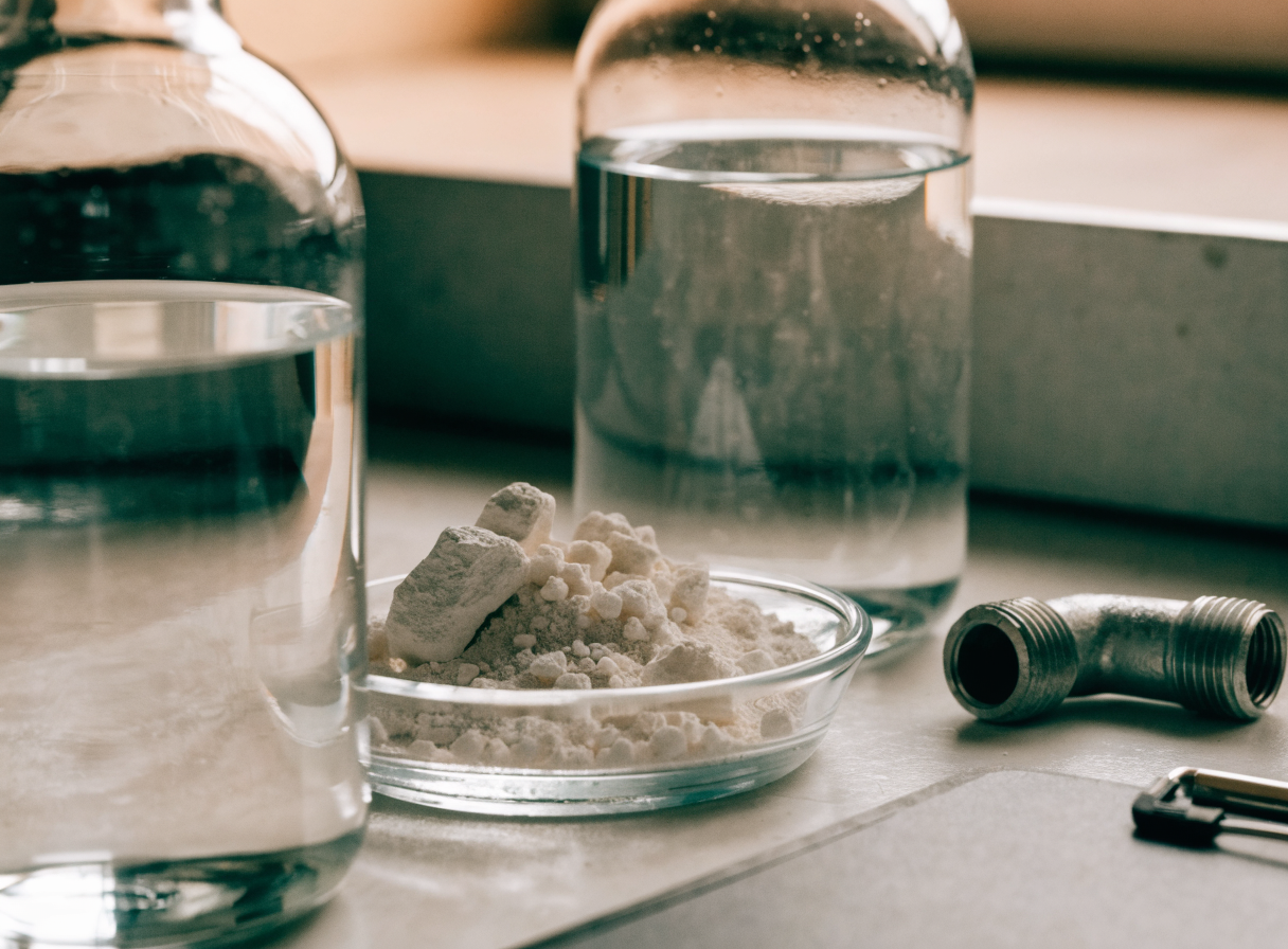 Water samples, pipe fitting and mineral scale used when specifying a Kuwait commercial water softener