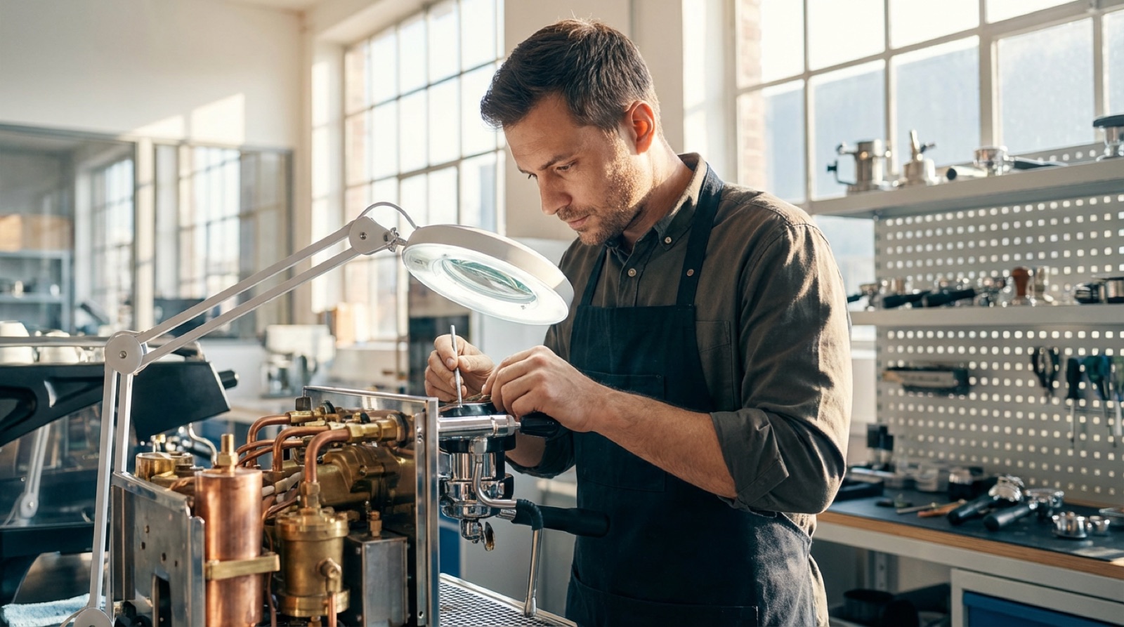 Technician repairing the copper boiler and pipework of an espresso machine in a workshop