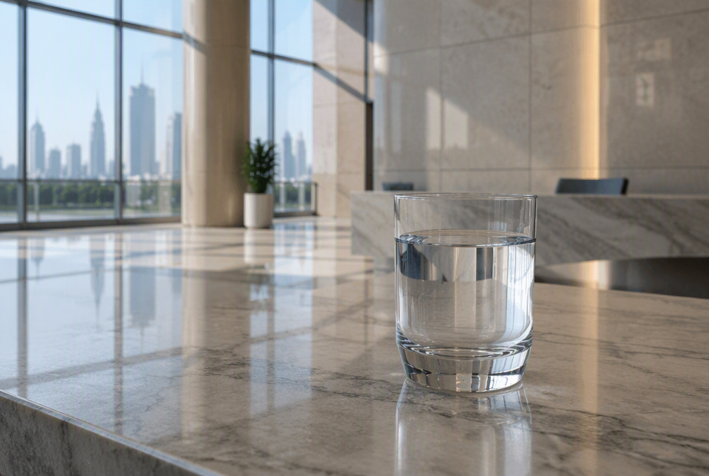 Clear water in a glass on a polished marble counter