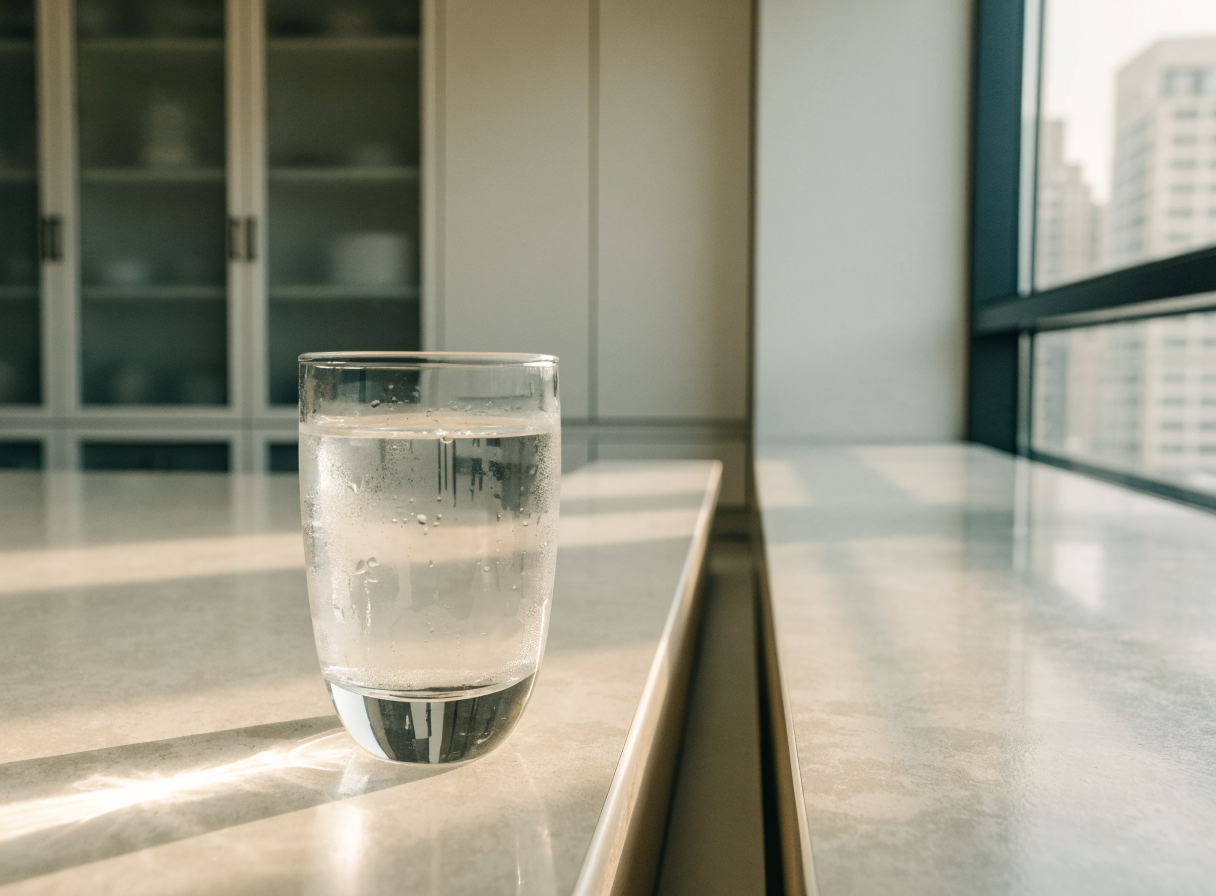 Glass of chilled water on a UAE office pantry counter
