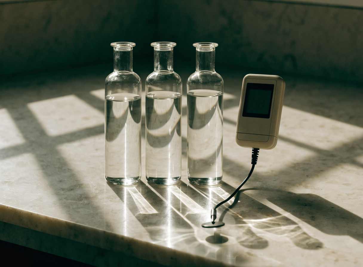 Three upright water samples beside an unbranded conductivity meter for Saudi commercial testing