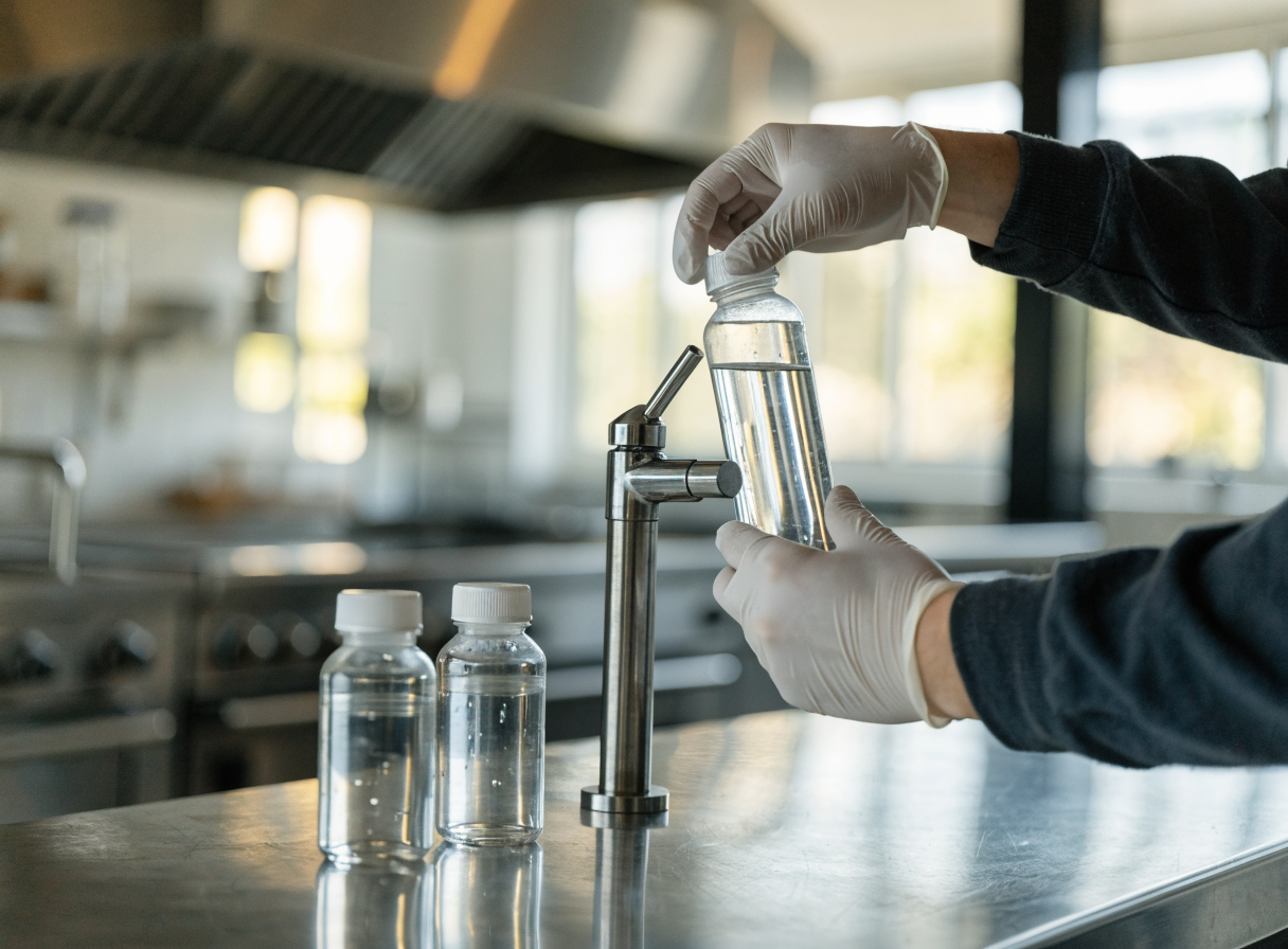 Technician collecting a UAE restaurant water sample into an upright clear bottle