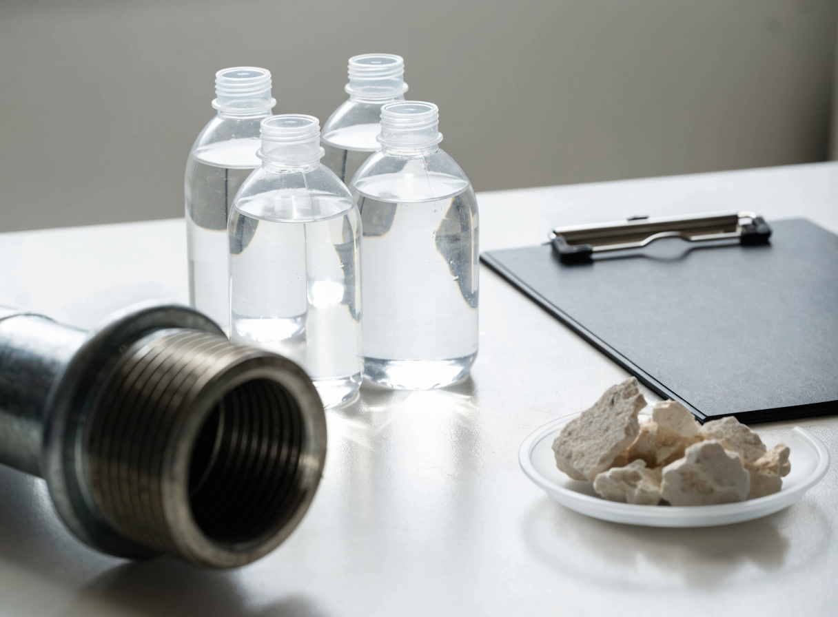 Water samples, pipe fitting and mineral scale used when specifying a commercial water softener