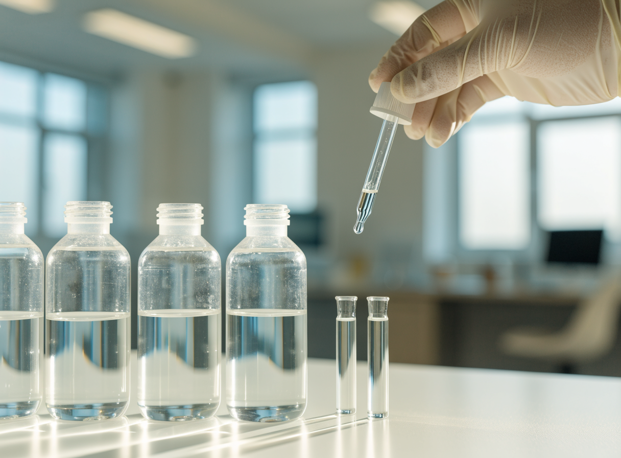Four upright Kuwait water samples with clear test vials and an unbranded dropper