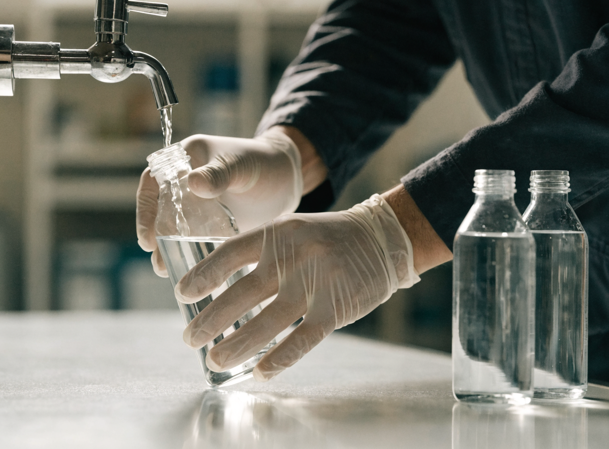 Technician collecting a commercial water sample from a tap into a clear bottle