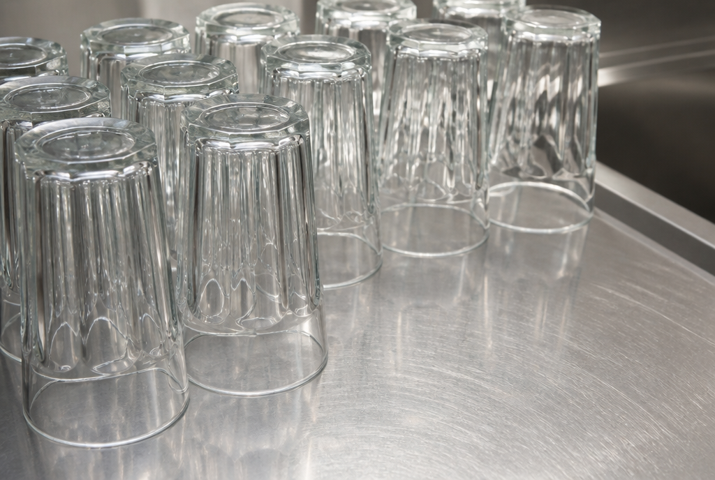 Clean drinking glasses on a stainless restaurant counter