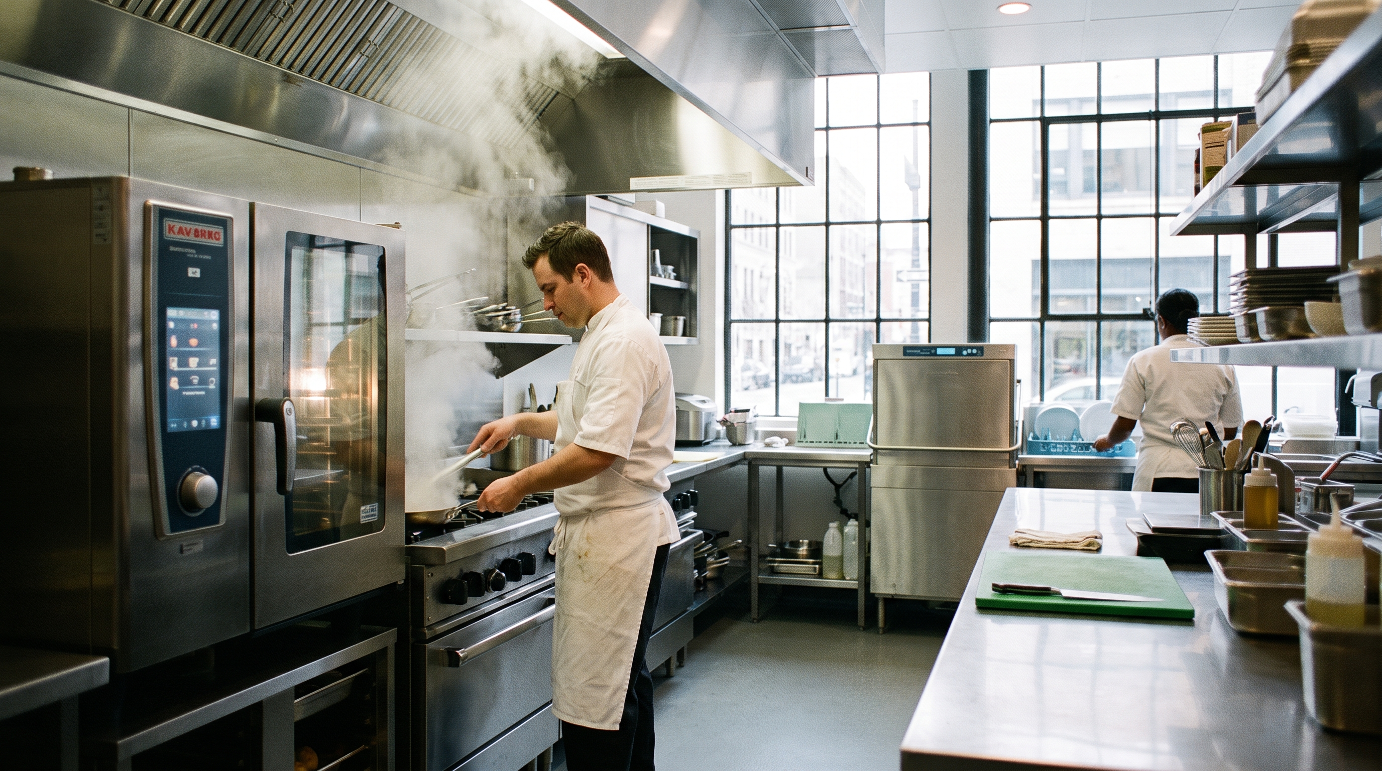 Modern commercial kitchen with chef working near stainless steel combi ovens and cooking equipment