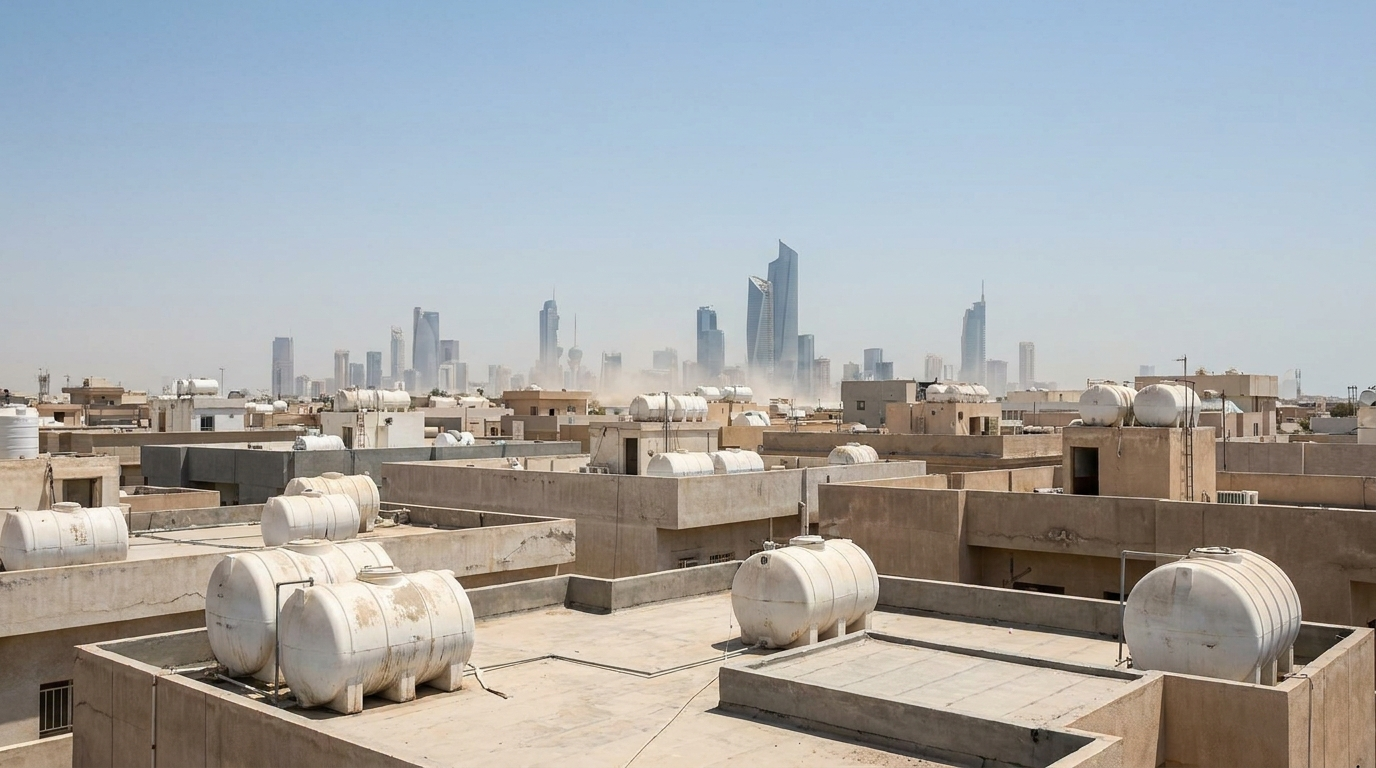 White rooftop water storage tanks on Kuwait City buildings in intense summer sun