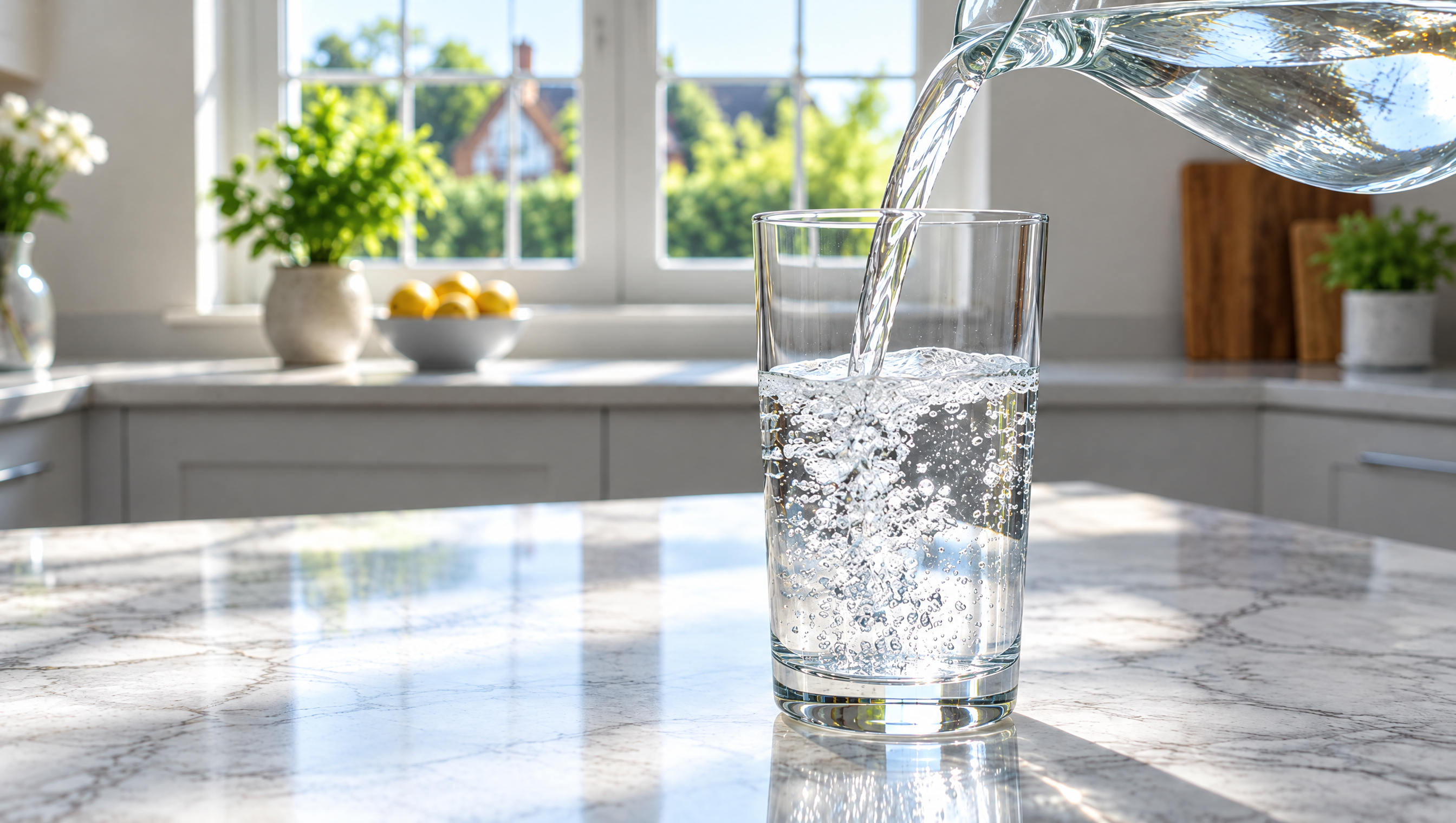 Clear water being poured from a glass jug into a tall glass on a marble kitchen worktop in morning sunlight