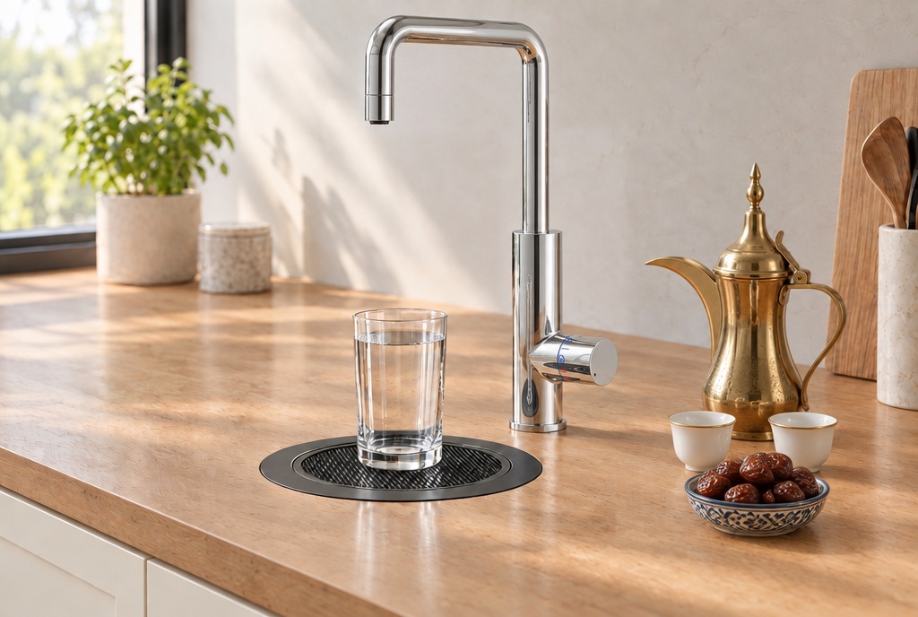 RoyalFlow Square-Dial S3 drinking-water tap in chrome beside a glass of water, a brass dallah, finjan cups and a bowl of dates on a kitchen worktop