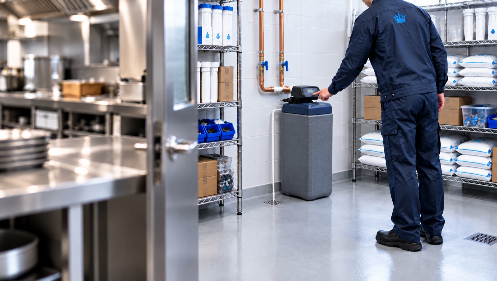 Regal water softener installed in a commercial kitchen plant room, with a Sovereign Water engineer checking the system