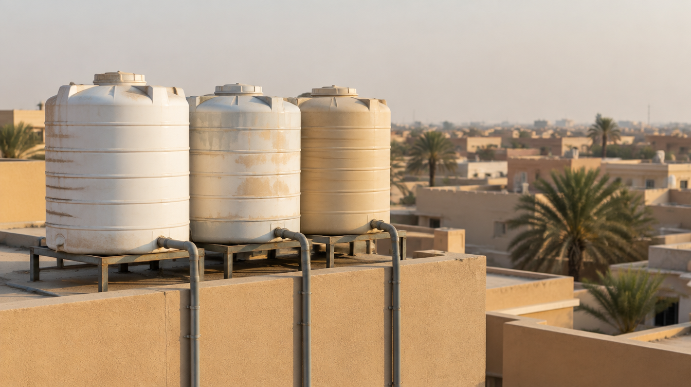 Three sun-faded water storage tanks on a villa rooftop in Riyadh, with pipes running down the parapet wall