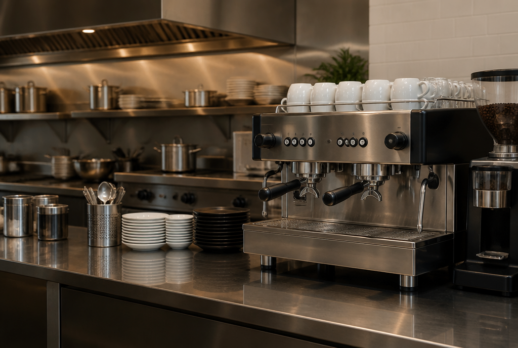 Unbranded espresso machine on a restaurant kitchen counter