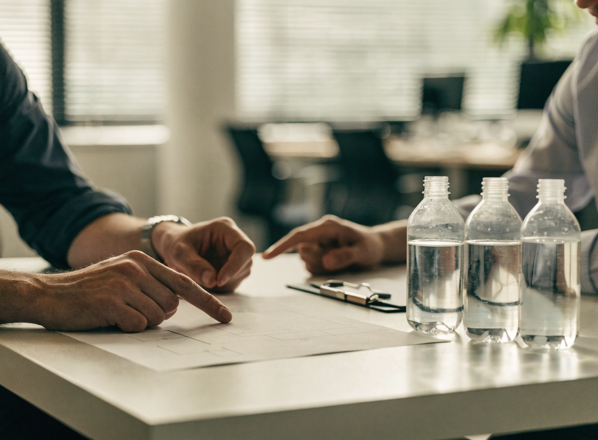 Facilities team reviewing a water-sampling plan with upright sample bottles
