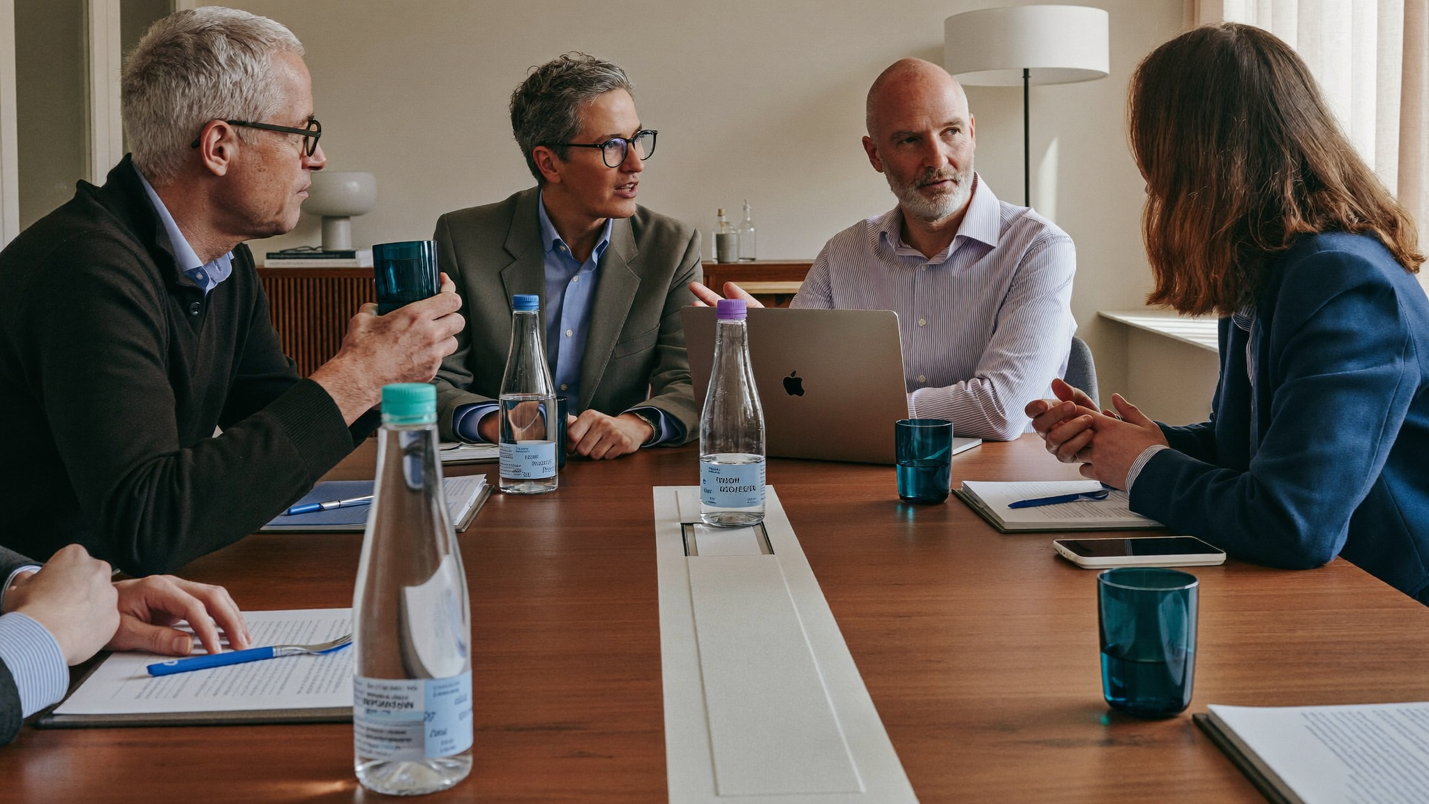 Glass carafes of tap water on a meeting room table instead of single-use plastic bottles