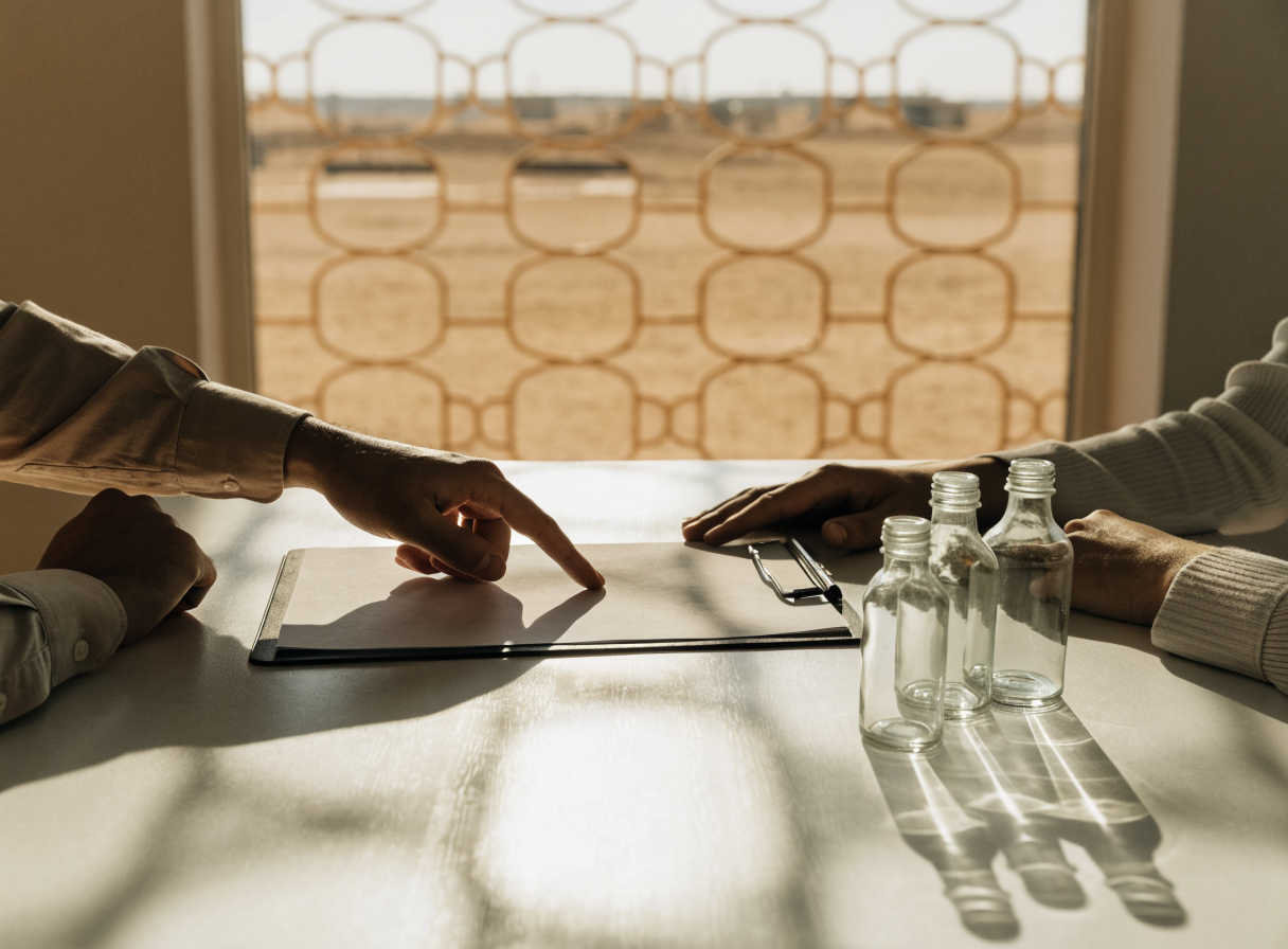 Saudi facilities team reviewing a blank water-route plan beside upright sample bottles