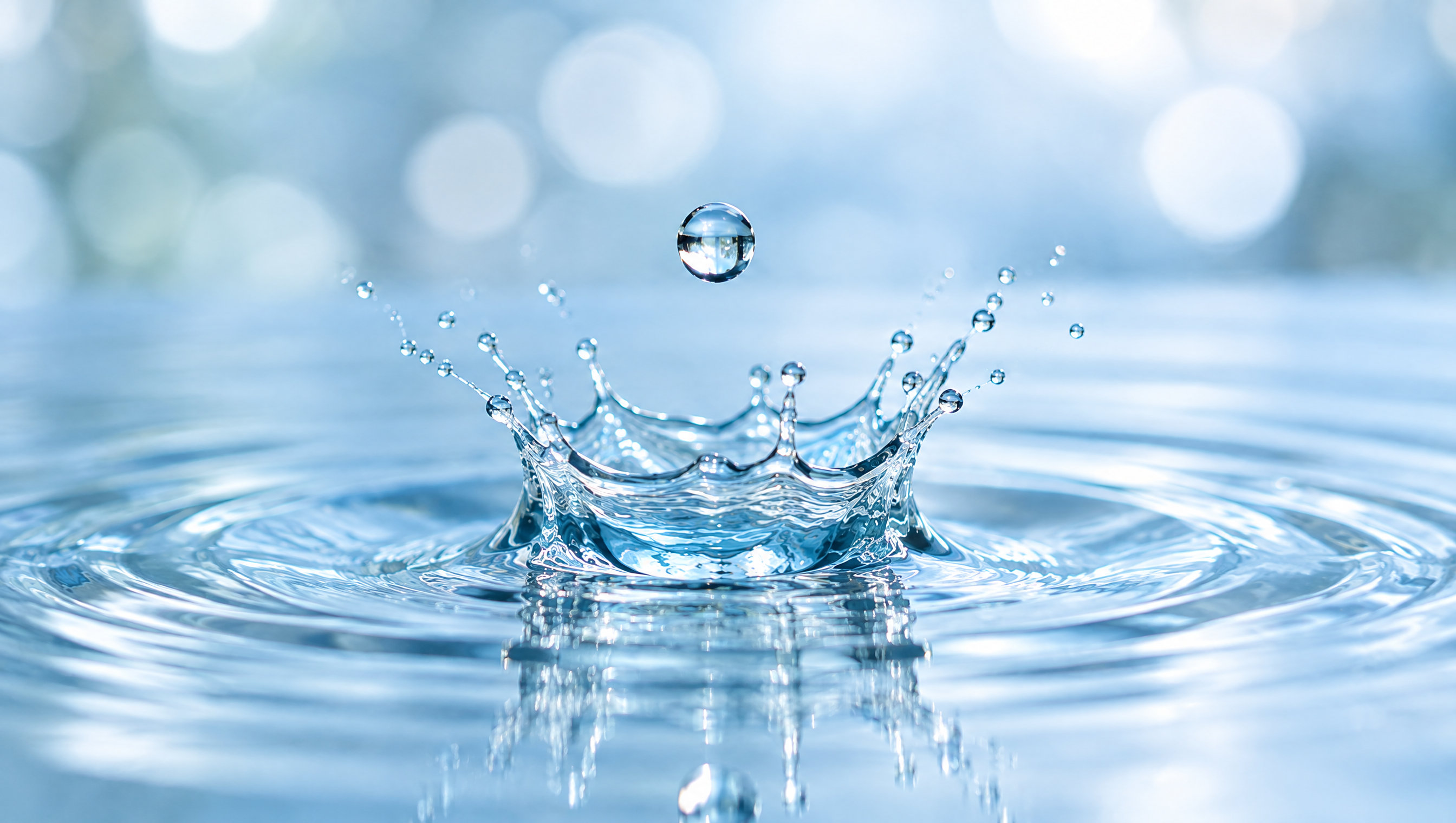A single clear water drop falling into still water, forming a crown-shaped splash and ripples